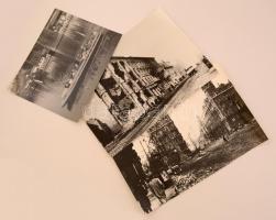 1945 Budapest, a háború pusztítása, 2 db fotó, hozzáadva egy eredeti vintage fotót is Pest és Buda közötti közlekedésről, amíg a felrobbantott hidakat ideiglenesen nem pótolták, 24x30 cm és 27x39 cm közötti méretben