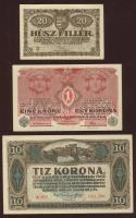 Kis korona tétel 1920. 1K + 1915. 10K T:I + 1920. 20f + 1918. 1K T:II+ Csak kis hajlásokkal, törve nem!