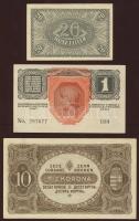 Kis korona tétel 1920. 1K + 1915. 10K T:I + 1920. 20f + 1918. 1K T:II+ Csak kis hajlásokkal, törve n...