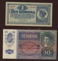 Kis korona tétel 1920. 1K + 1915. 10K T:I + 1920. 20f + 1918. 1K T:II+ Csak kis hajlásokkal, törve n...