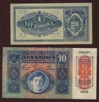Kis korona tétel 1920. 1K + 1915. 10K T:I + 1920. 20f + 1918. 1K T:II+ Csak kis hajlásokkal, törve n...