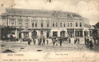 Kézdivásárhely, Targu Secuiesc; Fő tér déli oldala, Wertan testvérek, K. Csiszár József, Sera Imre és Zalaváry Béla üzlete, kiadja Tartler Alfréd / square, shops (EB)