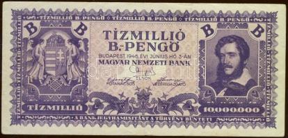 1945. 50P+10000P bélyeggel, azon lemezhibás "B" betű, +10.000.000 B.-pengő T:II,II-