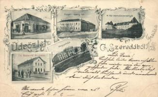 1898 Csíkszereda, Miercurea Ciuc; vasútállomás, Polgári leányiskola, Honvédlaktanya, megyeház, Nagy Gyula üzlete, Adler Alfred fényképész / railway station, girl school, military barracks, county hall, shop, Art Nouveau (vágott / cut)