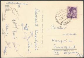 1960 Az Újpest labdarúgóinak (Bene, Káposzta, Solymosi, Faragó, Zámbó...stb) aláírásai egy Nápolyból küldött levelezőlapon.