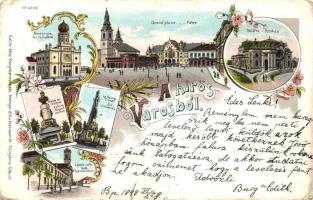 1898 Kecskemét, Fő tér, Zsinagóga, színház, Katona József és Szentháromság szobor, Katolikus főgimnázium, floral, litho; Gallia féle könyvkereskedés Metzger Béla kiadása (Rb)