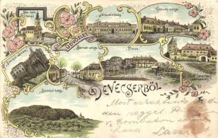 1899 Devecser, Járásbíróság, Kossuth és Baross utca, Piac, Gróf Esterházy várkastély, Somlyói vár és hegy, kiadja Rosenberg Zsigmond, floral Art Nouveau litho (EK)