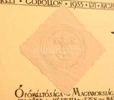1933 Gödöllői Jamboree, oklevél csendőrszázadosnak a jó munka elismeréséül. Táborparancsnoki pecsétt...