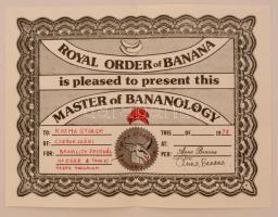 1978 Anna Banana (1940-) kanadai művész aláírása egy Master of Bananology oklevélen, az oklevél háto...