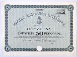 Budapest 1926. "Magyar Általános Hitelbank" részvénye egyenként 50P-ről, szelvényekkel, bélyegzéssel, szárazpecséttel T:II- ragasztás