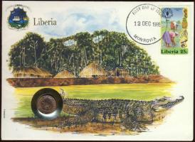 Libéria 1985. 25c "FAO" + ENSZ 22c "libériai zászló" bélyeg/ 1972. 1c "hajó-elefánt" fémpénz érmés borítékon