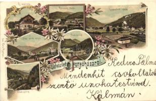 1897 Fenyőháza, Lubochna; Új szálloda, Középső rész, Csiga és Ilka útról nézve, Felső zsilip, kiadja Gál Emil / hotel, street views, floral, litho (EK)