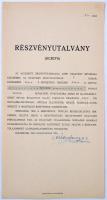 Kolozsvár 1943. Részvényutalvány 100P-ről, kitölve, aláírással T:I-