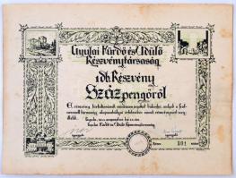 Gyula 1943. "Gyulai Fürdő és Üdülő Részvénytársaság" részvénye 100P-ről, szelvényekkel külön lapon T:II fo.