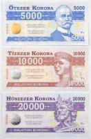 2012. 500K "Balatoni Korona" helyi pénz, "000000" sorszámmal, "MINTA" perforációval + 2012. 1000K "Balatoni Korona" helyi pénz, "000000" sorszámmal, "MINTA" perforációval + 2012. 2000K "Balatoni Korona" helyi pénz, "000000" sorszámmal, "MINTA" perforációval + 2012. 5000K "Balatoni Korona" helyi pénz, "000000" sorszámmal, "MINTA" perforációval + 2012. 10.000K "Balatoni Korona" helyi pénz, "000000" sorszámmal, "MINTA" perforációval + 2012. 20.000K "Balatoni Korona", helyi pénz "000000" sorszámmal, "MINTA" perforációval T:I