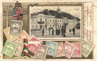 Torda, Turda; Városháza, bélyegek, címer / town hall, coat of arms, stamps, Philatelie-Ansichtskarte litho (ázott sarok / wet corner)