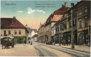 Nagyszeben, Hermannstadt, Sibiu; Nagypiac és Sarkantyú utca, Ludwig Fuchs üzlete / streets, shops