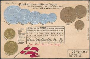 Dänemark / Denmark; set of coins, flag, silver and golden decoration Emb. litho (wet damage)