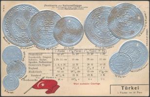 Türkei / Turkey; set of coins, flag, silver and golden decoration Emb. litho (pinholes)