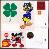 Különféle matricák gyűjteménye, kb. 40 db matrica 3 db kartonon