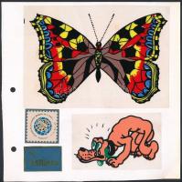 Különféle matricák gyűjteménye, kb. 40 db matrica 3 db kartonon