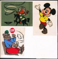 Különféle matricák gyűjteménye, kb. 40 db matrica 3 db kartonon