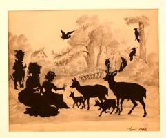 Jelzés nélkül: Erdei árnyjáték, vegyes technika, papír, paszpartuban, 17,5×22 cm