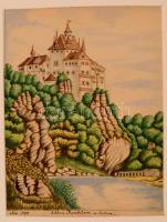 Jelzés nélkül: Schloß Kriebstein in Sachsen 1899, akvarell, papír, paszpartuban, 17×22,5 cm
