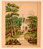 Jelzés nélkül: Alpesi templom, akvarell, papír, paszpartuban, 17×22,5 cm