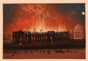Jelzés nélkül: Lángoló épület, akvarell, papír, paszpartuban, 14×21 cm