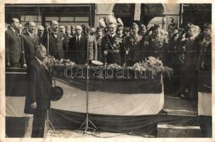 1940 Szatmárnémeti, Satu Mare; bevonulás, Horthy Miklós, Teleki Pál, Hóman Bálint, Reményi-Schneller Lajos, Teleki Mihály, vitéz Bartha Károly, Werth Henrik, vitéz Koós Miklós tábornok, vitéz Keresztes-Fischer Lajos / entry of the Hungarian troops, Horthy, "1940 Szatmárnémeti visszatért" So. Stpl (fl)