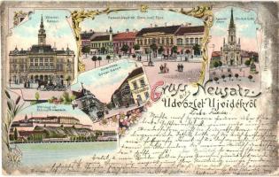 Újvidék, Neusatz, Novi Sad; Városház, Ferenc József tér, Duna utca, Pétervárad vár / town hall, square, street, castle, floral, Art Nouveau litho (vágott / cut)