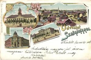 1898 Szabadka, Subotica; Városháza, Városi népiskola, Postahivatal / town hall, school, post office, floral, Art Nouveau litho  (EB)