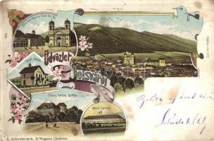 Jolsva, Jelsava; Fő tér, Városháza, Czibur féle ház, Coburg herceg kastélya, vasútállomás, Honvéd laktanya / main square, town hall, castle, railway station, military barracks, floral Art Nouveau litho (b)