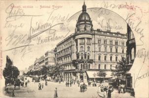 Budapest, VIII. Nemzeti színház, Ehm János étterme, villamosok, Biztosító-részvénytársaság, Divald Károly