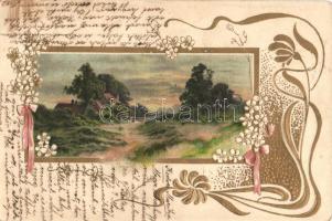 Landscape, golden decoration Art Nouveau Emb. litho  (EK)