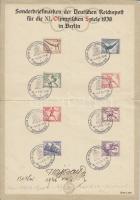 1936 A Berilni olimpia emléklapja rajta az olimpiára kiadott bélyegekkel és Hajós Alfréd első magyar olimpiai bajnok saját kezű aláírásával