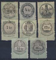 1868 jún. 20. Az okmánybélyeg sor 8db krajcáros értéke (3,4,5,7,12,15,25,36kr) használatlanul