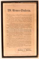 1849 Bécs, Welden tábornok által kiadott 29. katonai közlemény német nyelven, katonákkal, sérültekkel és lázadókkal kapcsolatban, üvegezett keretben, 39x24 cm