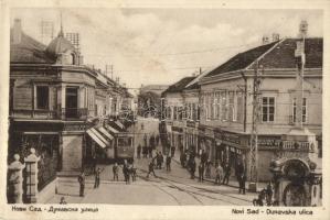 Újvidék, Novi Sad; Duna utca, villamos, üzletek / Dunavska ulica / street, tram, shops