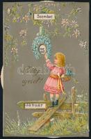 Mechanikus naptár képeslap, kislány virágokkal / Calendar, mechanical postcard, girl with flowers, floral Emb. litho