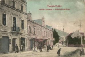 Trencsénteplic, Trencianske Teplice; Kossuth Lajos utca, Schulák J. üzlete, Kossuth lak, Attila szálló, kiadja Ondreicska Fábián / street, shops, hotels (fa)