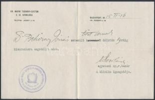 1915 Dr. Hoór Károly szemészprofesszor által aláírt kimaradási engedély sebesült katona számára