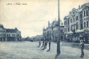 Léva, Levice; Fő tér, Kereskedelmi Bank Rt., Vörösmarty Miklós üzlete / main square, bank, shops