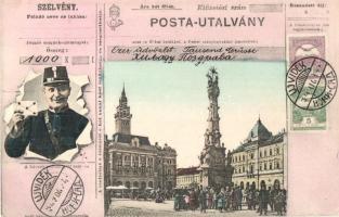 Újvidék, Novi Sad; Szentháromság-szobor, posta-utalvány, postás / statue, postman (vágott / cut)