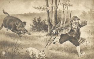 5 db RÉGI vadász motívumos képeslap, vegyes minőségben / 5 pre-1945 motive postcards; hunters, mixed...