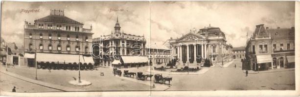 Nagyvárad, Oradea; Bémer tér, Szigligeti színház, Frankl Róza üzlete, kétlapos panorámalap, kiadja Boros Jenő / square, theatre, shop, 2-tiled panoramacard (fl)