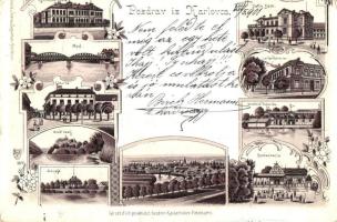 Károlyváros, Karlovca; iskola, gyógyszertár, vendéglő, kávéház / school, pharmacy, restaurant, cafe, floral, litho (b)