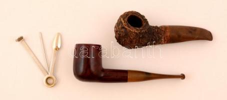 2 db jelzett pipa(Old River, Real Briar), pipatömővel, h: 13 és 14 cm