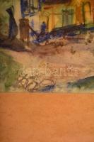 Olvashatatlan jelzéssel: Utca részlet. Akvarell, papír, üvegezett keretben, 23×34 cm